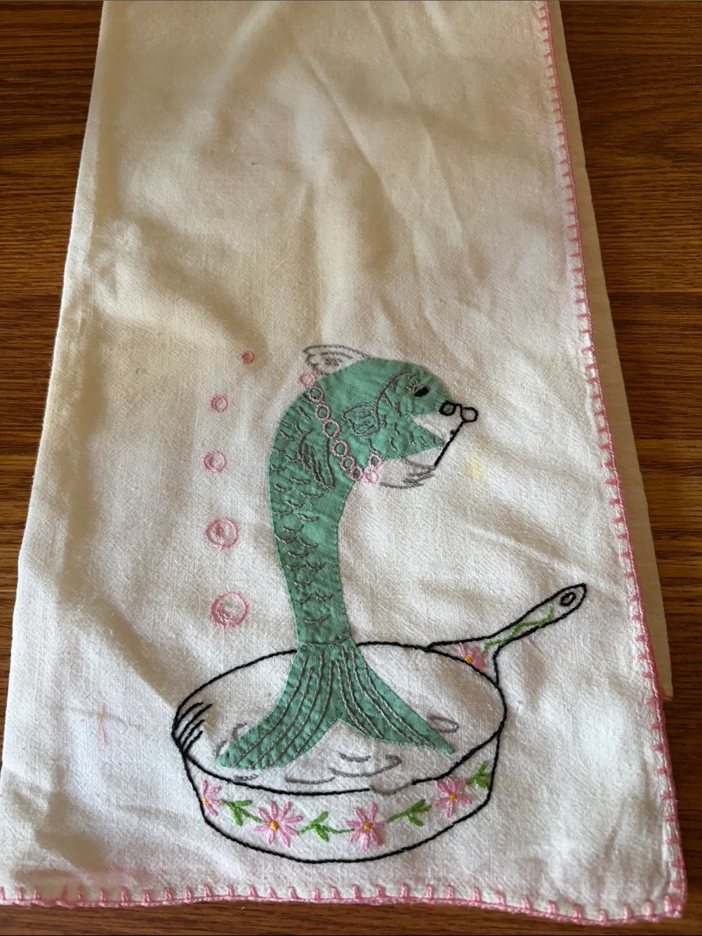 White Kitchen Towel with Green Fish Illustration and Pink Trim